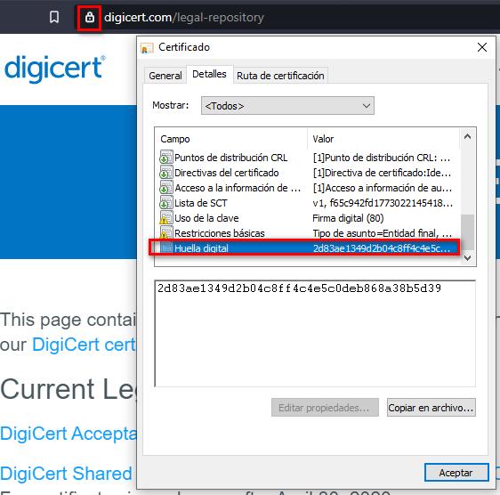 Fingerprint of SSL Certifcate